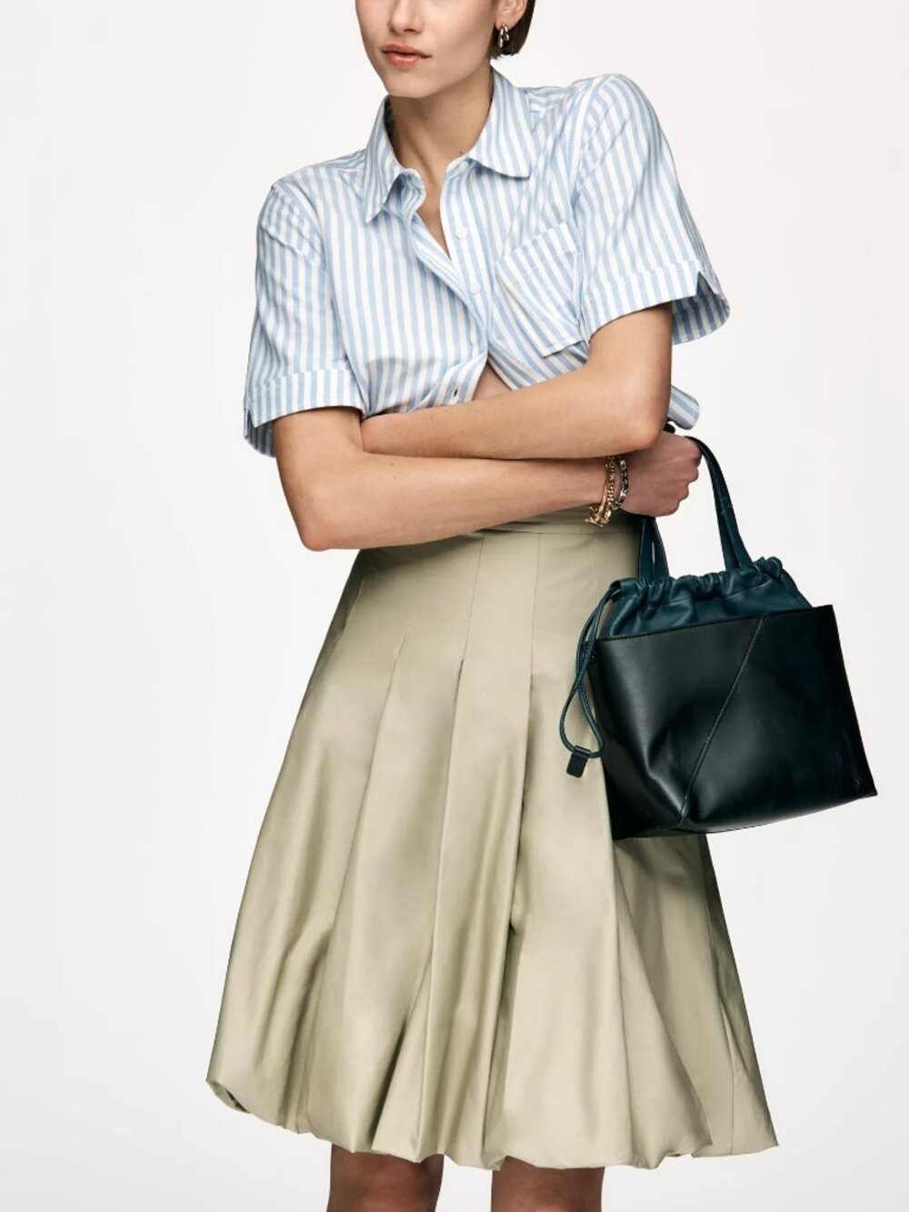 Cotton Pleated Bubble-Hem Midi Skirt